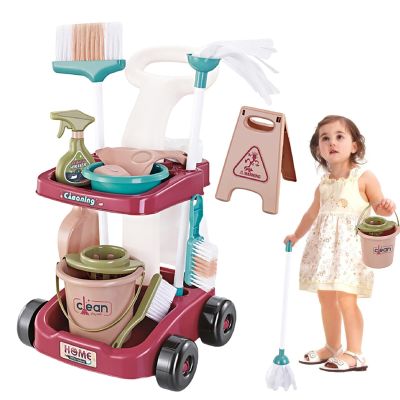 Cleaning Set, Pretend Household Kit, Medium Size Broom and Cleaning Cart with Realistic Working Vacuum, Educational Accessory with Compact Design, Interactive Role