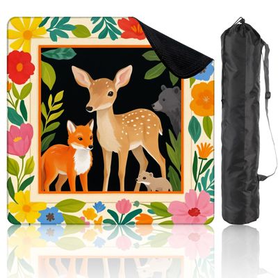 Mahjong Mat for Table Cute Forest Animals Deer Fox Bear Baby Colorful Floral Frame 31.5"x31.5" Non-Slip Noise Reduction American Mahjong Table Cloth for Poker Card Dominoes Tile Games Gifts