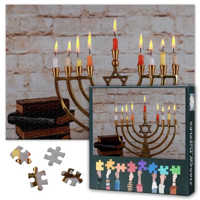 Jigsaw Puzzles 1000 Pieces for Adults Jewish Holiday Hanukkah with Menorah Judaism Religion Pictures Festival of Lights Celebration Traditional Family Activity Glow Decor 27.5x19.7 Inch