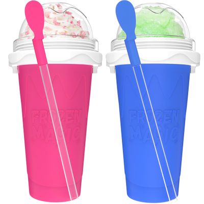 2PCS Slushie Maker Cup - DIY Magic Slushy Maker Squeeze Cup, Smoothie Squeeze Cup for Juices, Milk and Ice Cream Make, Double Layers Silicone Slushie Cup with Straw for Friends Gift Pink+Blue