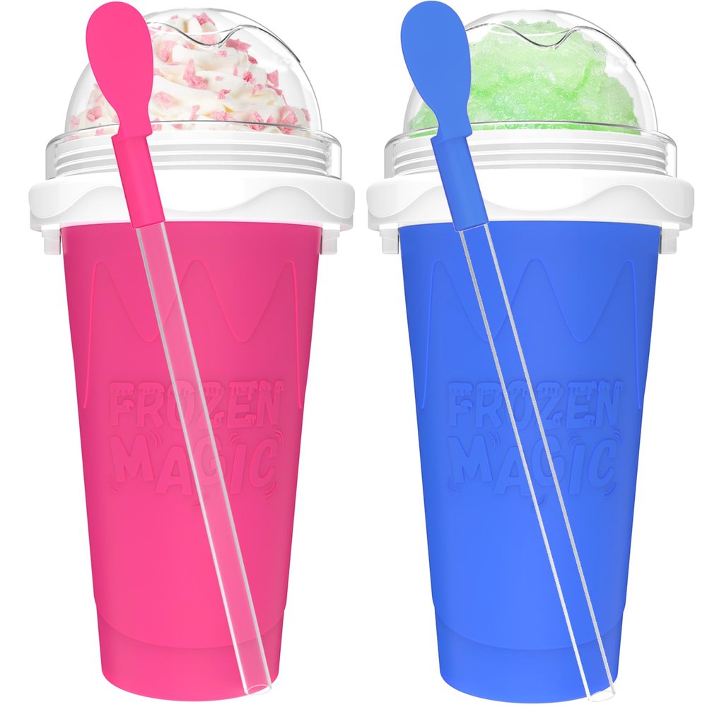 2PCS Slushie Maker Cup - DIY Magic Slushy Maker Squeeze Cup, Smoothie Squeeze Cup for Juices, Milk and Ice Cream Make, Double Layers Silicone Slushie Cup with Straw for Friends Gift Pink+Blue
