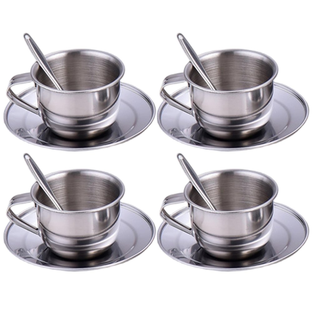 Joygoodta Kids Tea Set, Heat-Resistant Stainless Steel Childrens Tea Set, with 4 70ml Cup, 4 Saucer and Spoon, for Girls and Boys