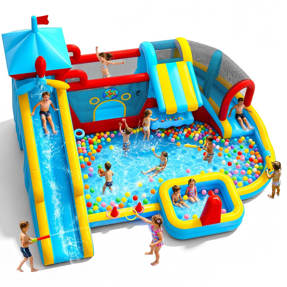 17.4 x 13FT Inflatable Bounce House with Double Water Slides, 10 in 1 Water Park with 750W Blower, Splash Pool, Climbing Wall, Jumping, Water Cannon, Deep Pool for Kids Indoor Outdoor Backyard, Blue