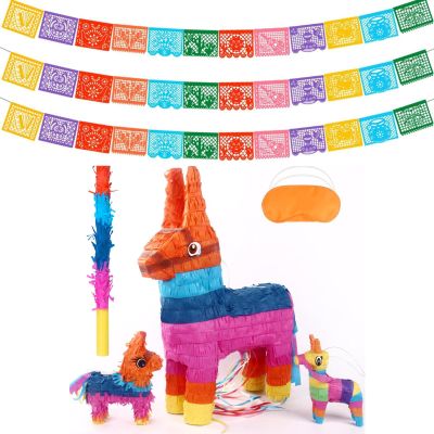 3 Pack Mexican Papel Picado Banner 66Ft(22ft x 3) & Extra Large 21" Donkey Pinata Set with Stick Blindfold, Waterproof Fiesta Decor for Cinco de Mayo Da de Muertos Birthday Party