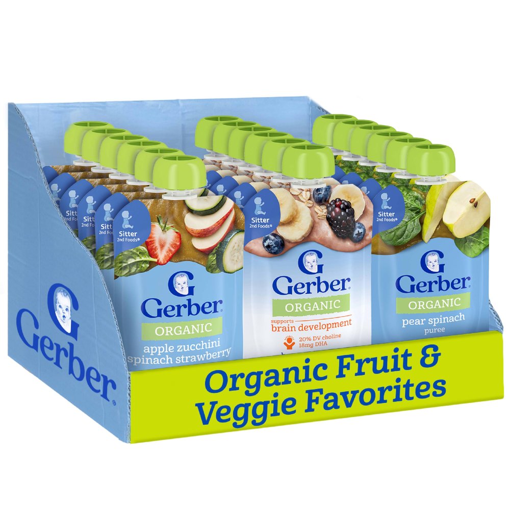 Gerber Puree Pouches, Organic Fruit & Vegetable Baby Food, Stage 2, Variety Pack, 18PK