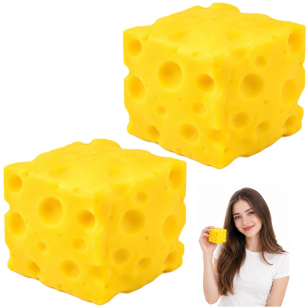 2 Pack Slow Rising Cheese Squishy Foam Cubes for Adults, Soft Rebound Desk Squeeze Accessory, Yellow Relaxation Foam Blocks for Office and Home Use