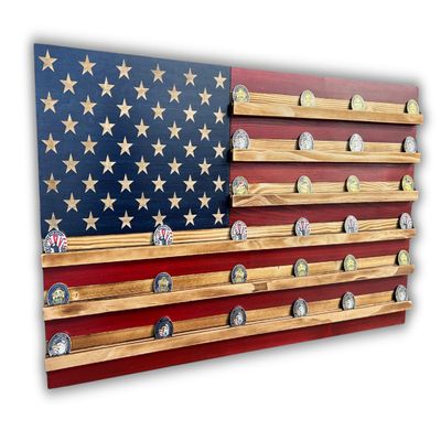 American Flag Challenge Coin Display Case 37x19 Inch Wall Mounted, Holds 80100 Coins, 1/4 Thick Slots for Large Coins, Handmade in USA, Military Coin Holder for Wall (Original 50 Stars)