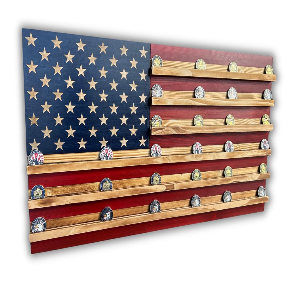American Flag Challenge Coin Display Case 37x19 Inch Wall Mounted, Holds 80100 Coins, 1/4 Thick Slots for Large Coins, Handmade in USA, Military Coin Holder for Wall (Original 50 Stars)