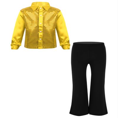JanJean Boys Shiny Satin Disco Hip Hop Dance Outfit Long Sleeve Button Down Shirt with Flared Pants Jazz Latin Dance Set Gold 8 Years