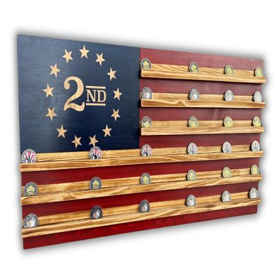 American Flag Challenge Coin Display Case 37x19 Inch Wall Mounted, Holds 80100 Coins, 1/4 Thick Slots for Large Coins, Handmade in USA, Military Coin Holder for Wall (2nd Amendment)