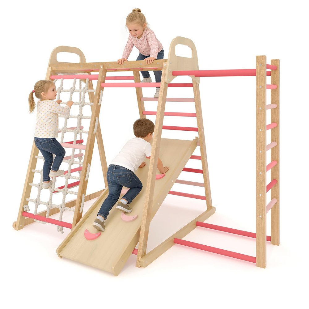Festisoul 7-in-1 Upgraded Indoor Jungle Gym, Waldorf Style Wooden Kids Climbing Playset with Slide, Monkey Bars, Ladders & Climb Net