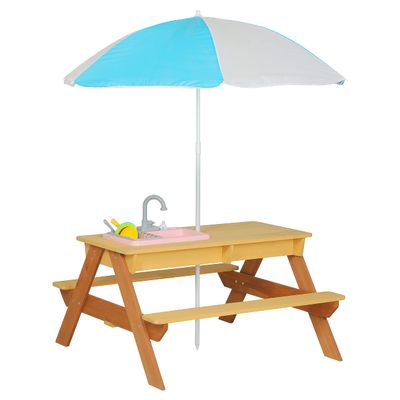 Haotian Kids Picnic Table with Umbrella, 3-in-1 Cedar Wood Water Table, Sand and Water Table for Toddlers with Removable Top, Outdoor Kids Table and Chairs for 4 Children DJ-OD001