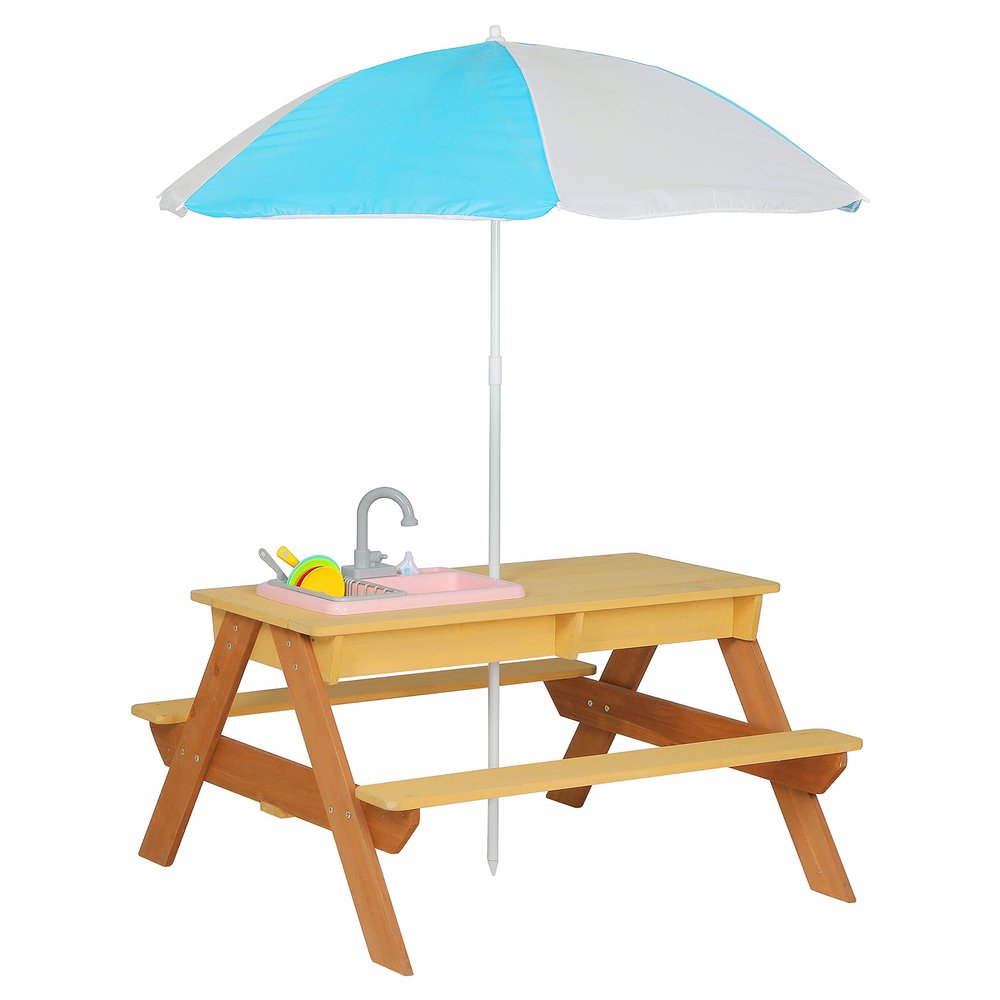 Haotian Kids Picnic Table with Umbrella, 3-in-1 Cedar Wood Water Table, Sand and Water Table for Toddlers with Removable Top, Outdoor Kids Table and Chairs for 4 Children DJ-OD001