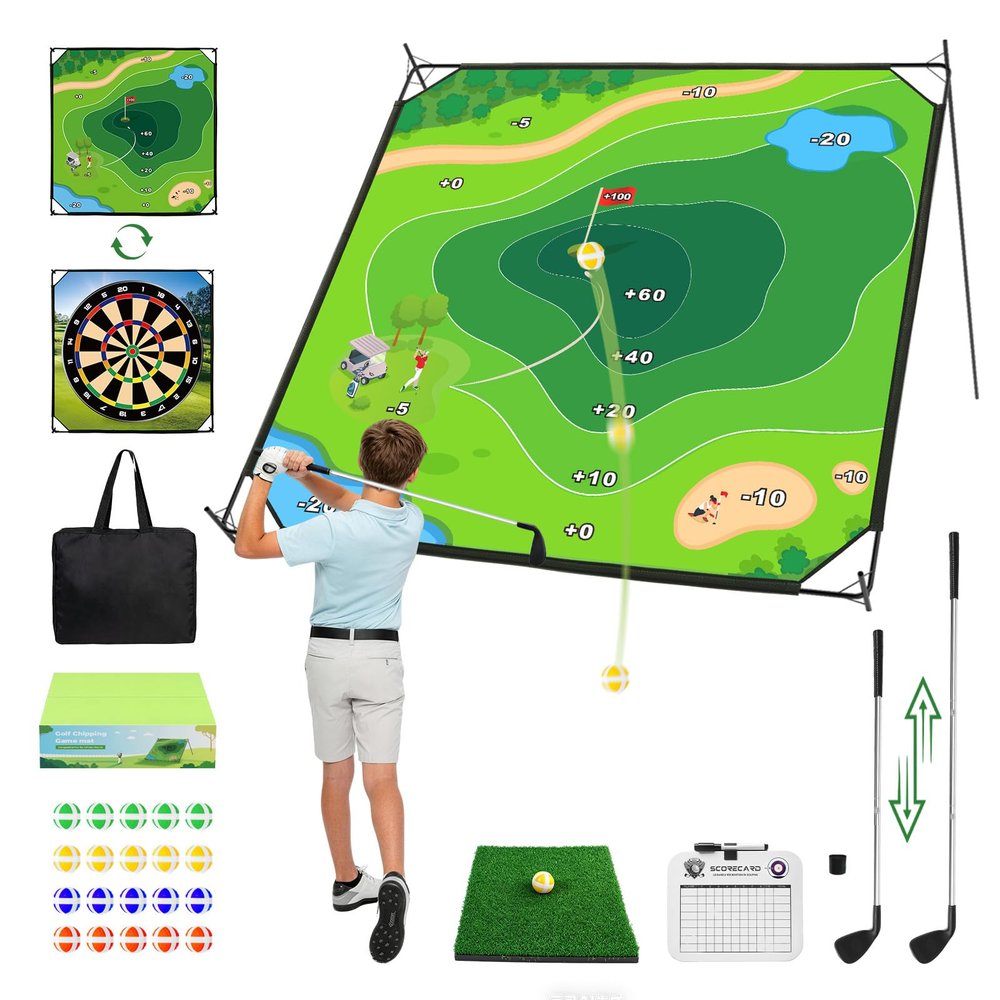 Golf Chipping Game Mat, 6x6FT Double Sided Golf Hitting Mat Set Outdoor Indoor Adjustable Golf Games Mat, Score Sticky Playing Golf Balls for Home Backyard Garage Game, Gift for Young Adults
