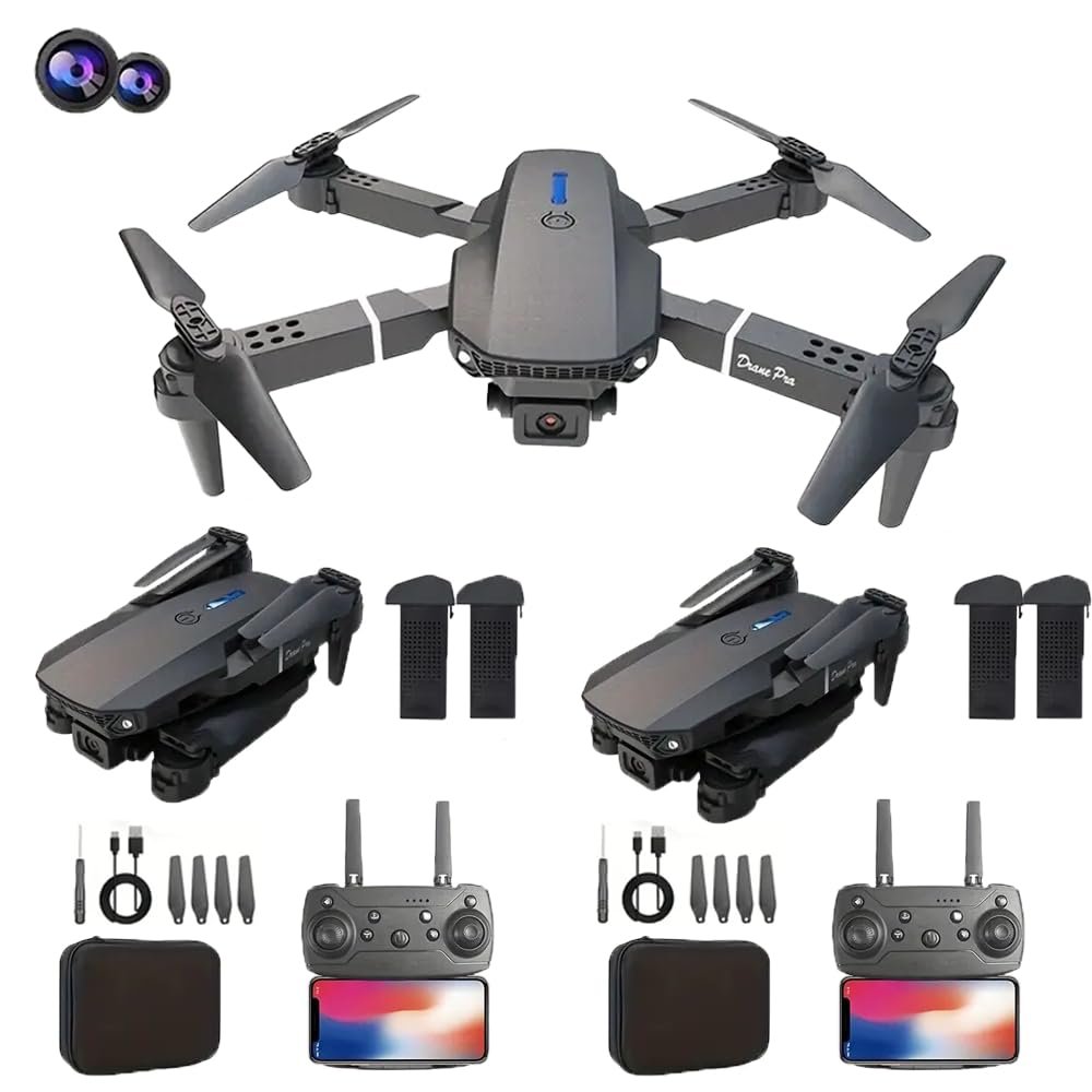 2pcs 2026 New E88X Drone, Foldable Quadcopter, Dual Cameras, Obstacle Avoidance Function, One Click Takeoff and Landing, Gesture photography, With Remote Control (2pcs-E88X Drone+2*Batteries)