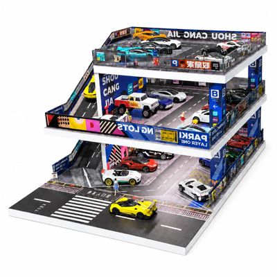 Display Case for Hot Wheels: Toy Car Garage Diorama with LED Lights (Blue)