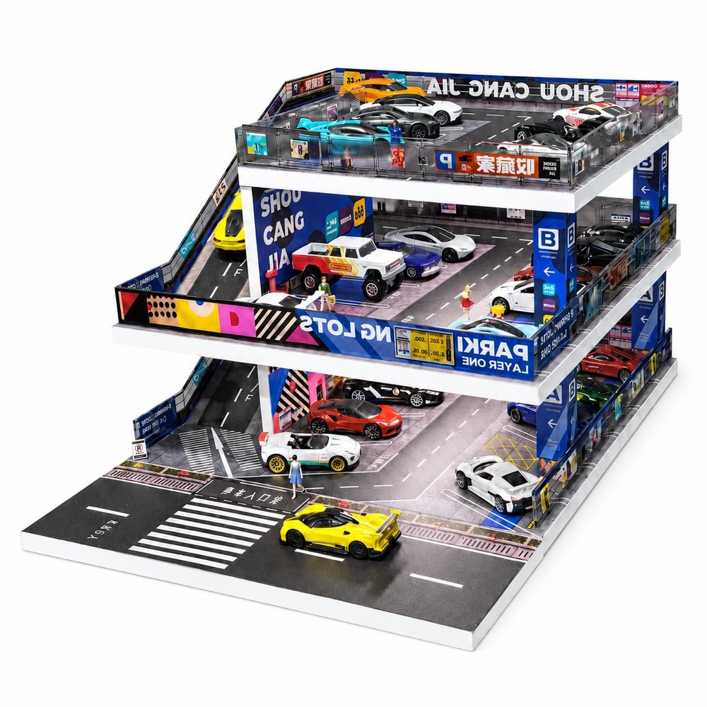 Display Case for Hot Wheels: Toy Car Garage Diorama with LED Lights (Blue)