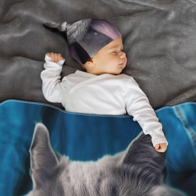 Blue Cat Sticking Out Tongue Newborn Swaddle Blanket with Beanie Hat Set,Soft Stretchy Baby Blanket Swaddle Sack Receiving Blanket Swaddle Sack Wraps Shower Gifts for Infant Boys Girls