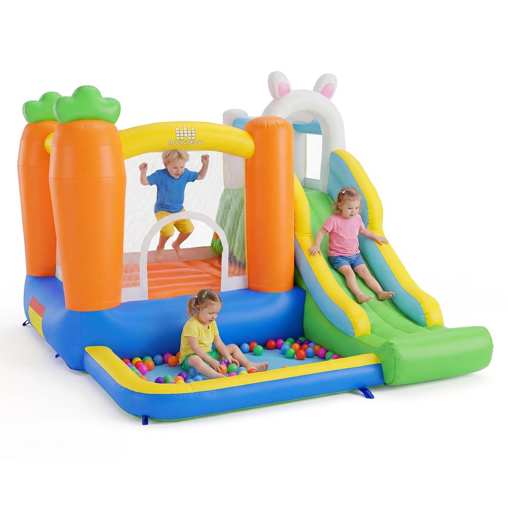 BOUNTECH Inflatable Bounce House with Ball Pit, Rabbit Indoor Bouncy House for Kids 3-12 w/Large Jumping Area, Basketball Hoop, Bounce House with Slide for Outdoor Toddler Backyard Party Gifts
