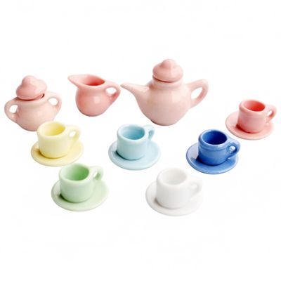 15-Piece Miniature Tea Set for Dollhouse, Colorful Ceramic Mini Tea Cups & Accessories, 1/12 Scale Dollhouse Decor
