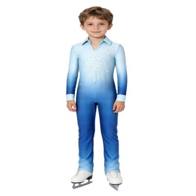 Shinsto Boys Figure Skating Costume Sparkly Rhinestones Long Sleeve Gradient Performance Clothing Blue 16