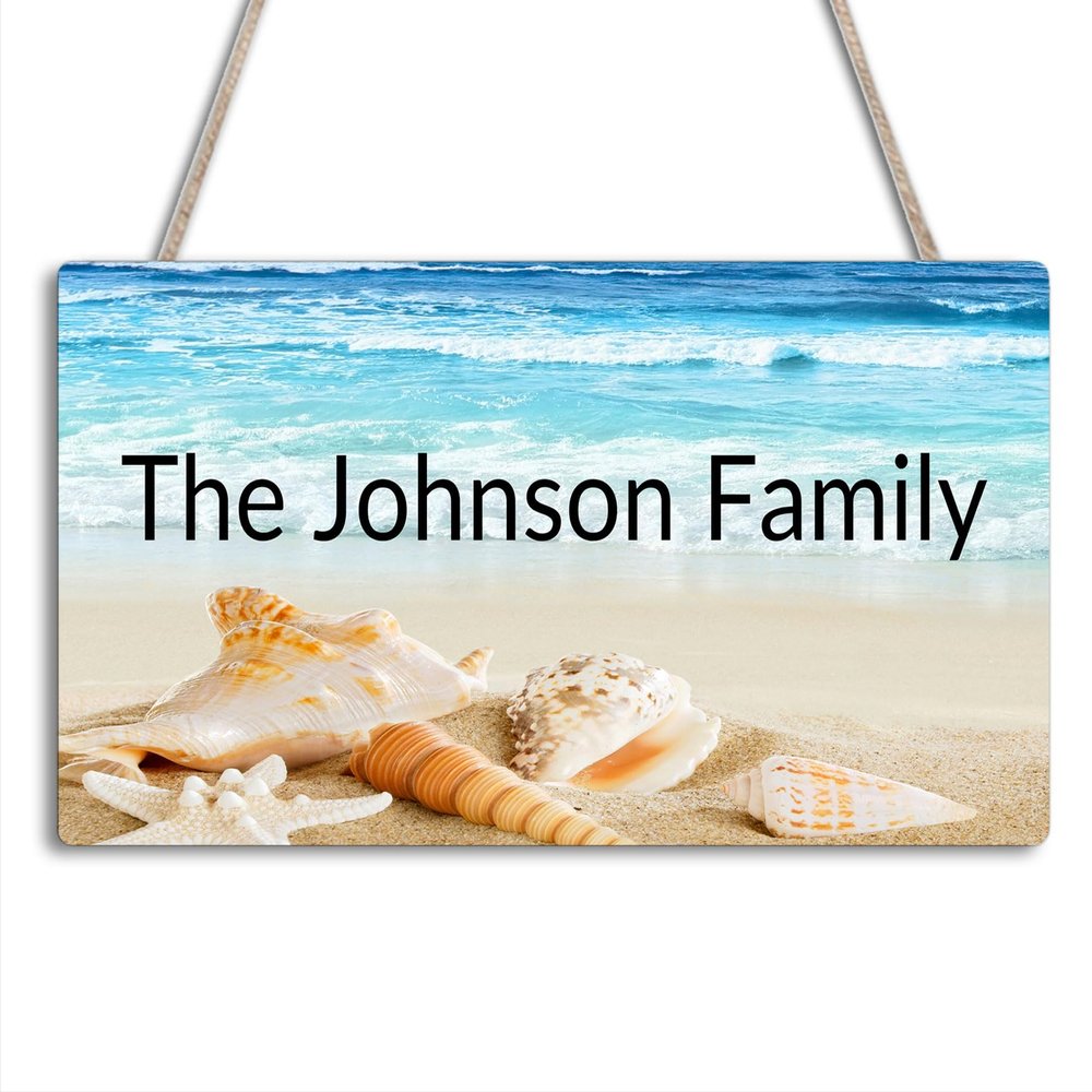 Custom Beach Family Name Door Sign, Personalized Wooden Hanging Door Plaque for Home, Coastal Ocean Seashell Wall Hanger Decor, Last Name Housewarming Gifts for New House Beach Lake House