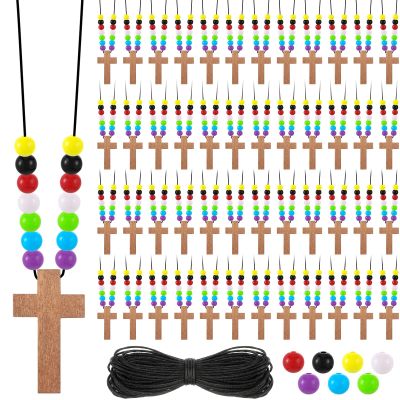 Kathfly DIY Wood Cross on Cord Pendant Necklace Sunday School Crafts for Wood Cross Necklace with Colorful Beads Religious Party Favor for Vbs Church Easter Gifts (Brown,783 Pcs)