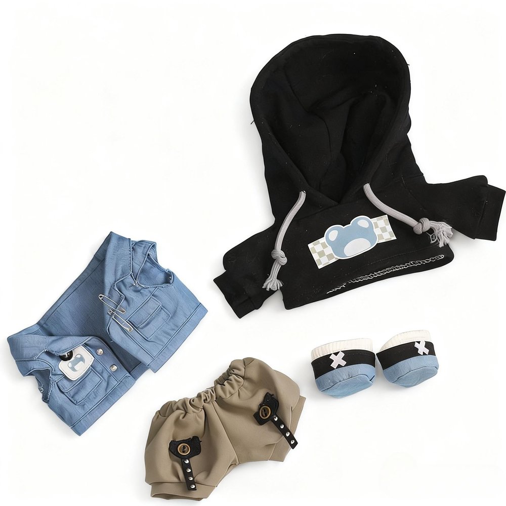 20cm Doll Clothes Outfit Set for Cotton Dolls Hoodie, Denim-Style Vest, Bottoms Cute Plush Doll Dress Up Clothes (4pcs,20cm)