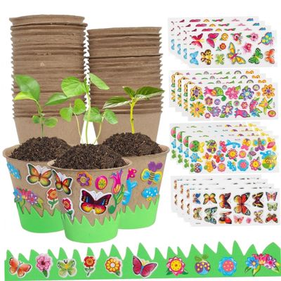 Nuiorfty Kids Plant Growing Kit, 30 Peat Pots with 20 Fun Stickers & 6 Fences, Creative Garden Kit for Kids Gardening, Mother's Day Craft Favor