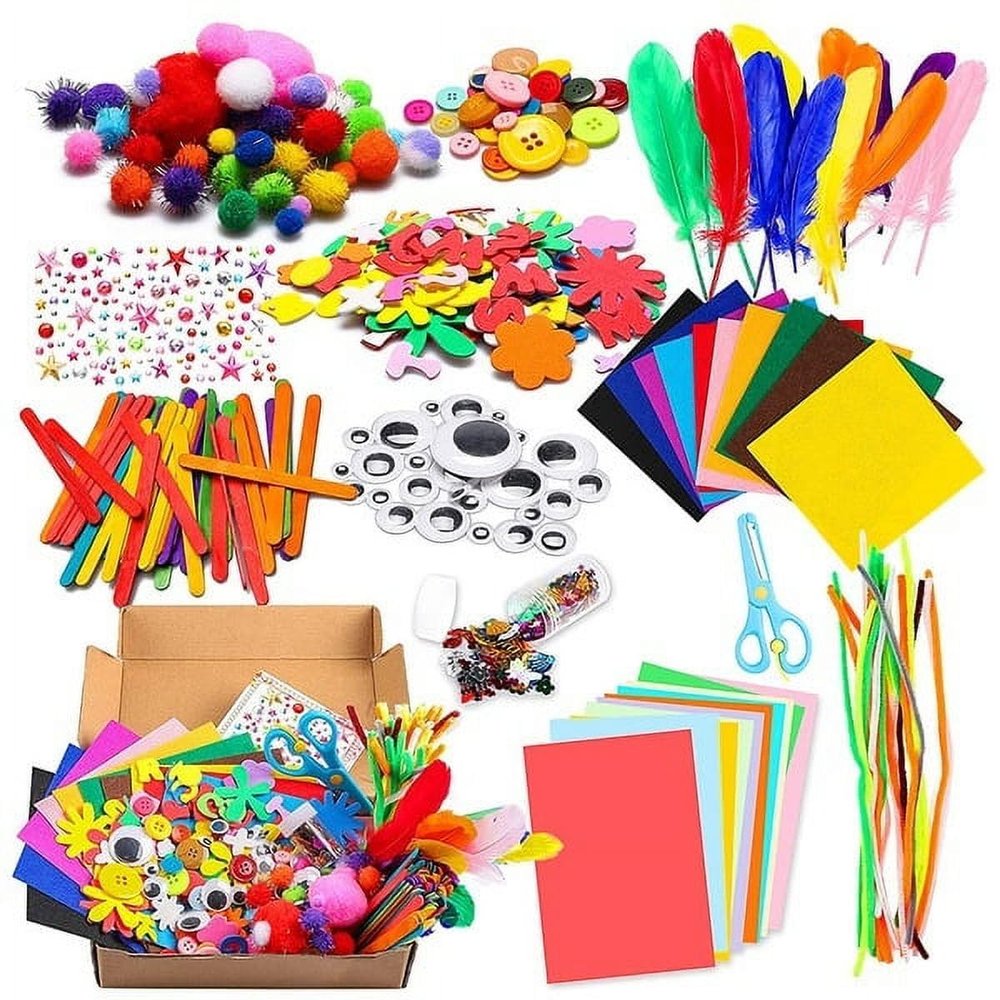 1000Pcs DIY Art Craft Kit for Creative Crystal Sticker Felt Wiggle Googly Colorful Wooden Sticks Party Supplies