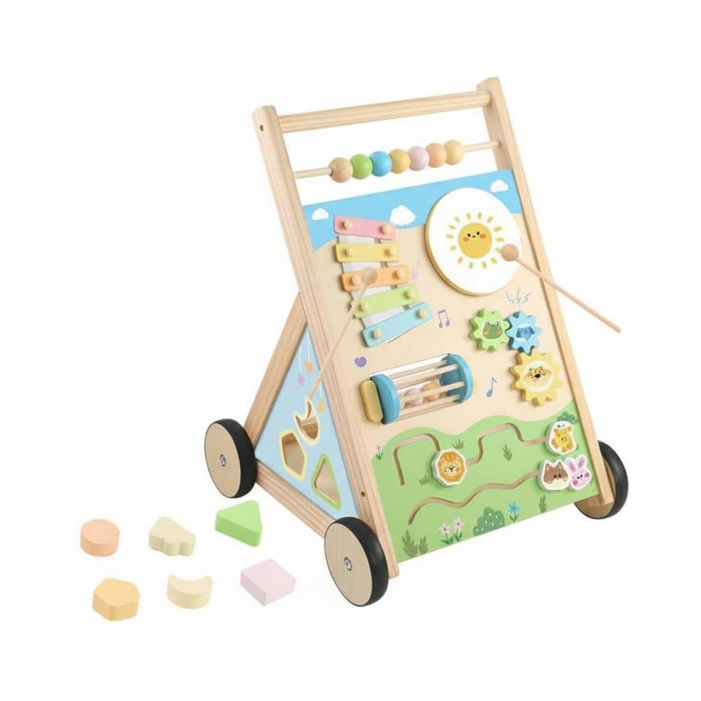 Qianly Wooden Infant Push Cart Anti-Tip Design Multifunctional Activity Push Cart Multi-Functional Young Child Gear for Young Children, Style B