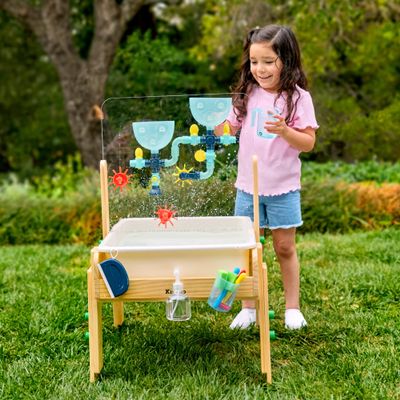 KiwiCo Water & Sand Activity Table for Kids Premium Wooden Sensory Play Table with Art Panel and 26 Accessories, STEM Learning Toy Ages 3+