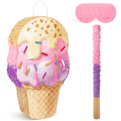 Atiloy Ice Cream Pinata Pink Cupcake Pinata with Stick & Blindfold Cute Candy Pinata for Girls Birthday Ice Cream Themed Party Decorations Summer Baby Shower Wedding Princess Party Supplies