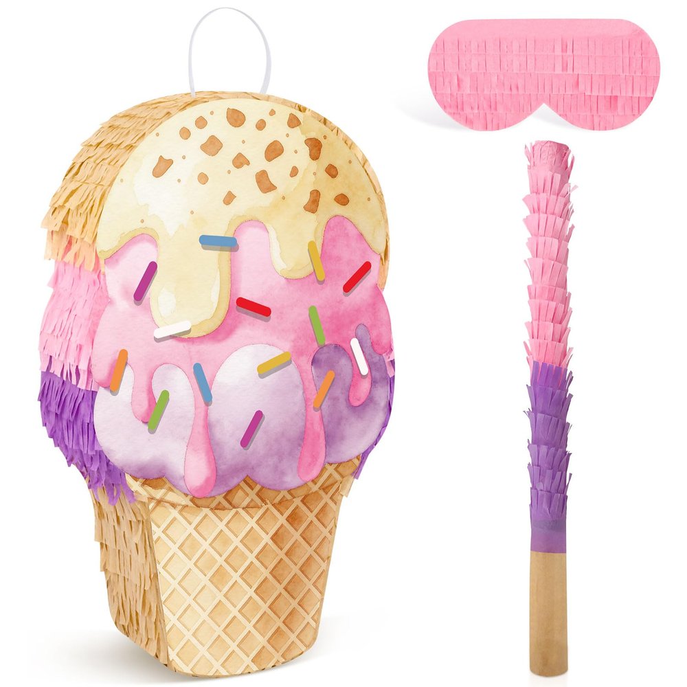 Atiloy Ice Cream Pinata Pink Cupcake Pinata with Stick & Blindfold Cute Candy Pinata for Girls Birthday Ice Cream Themed Party Decorations Summer Baby Shower Wedding Princess Party Supplies