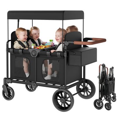 Babytronic 4 Seater Wagon Stroller for Kids,Folding Wagon Stroller with Removable Canopy, Adjustable Push/Pull Handle, Parent Organizer, 5-Point Safety Harnesses & Detachable Snack Tray