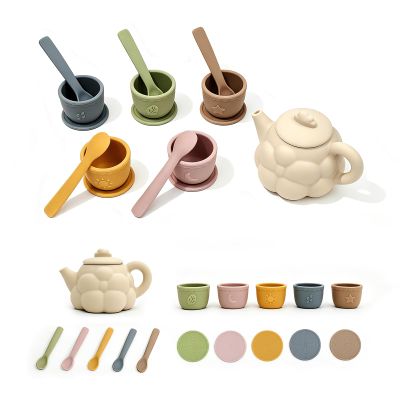 Fairy Toona Silicone Tea Party Set for Little Girls, Pretend Play Kitchen Toys with Teapot Cups Coasters Spoons, Sensory Toy for Girls Boys Age 3 4 5 (16 Pcs)
