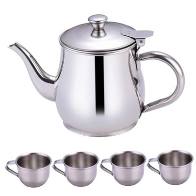 CAKEEYUM Kids Tea Set Includes Portable 330ml Stainless Steel Long Spout Teapot with Filter Screen and 4 70ml Cups for Children Camping Home Kids Tea Set, Small Teapot, Stainless Steel