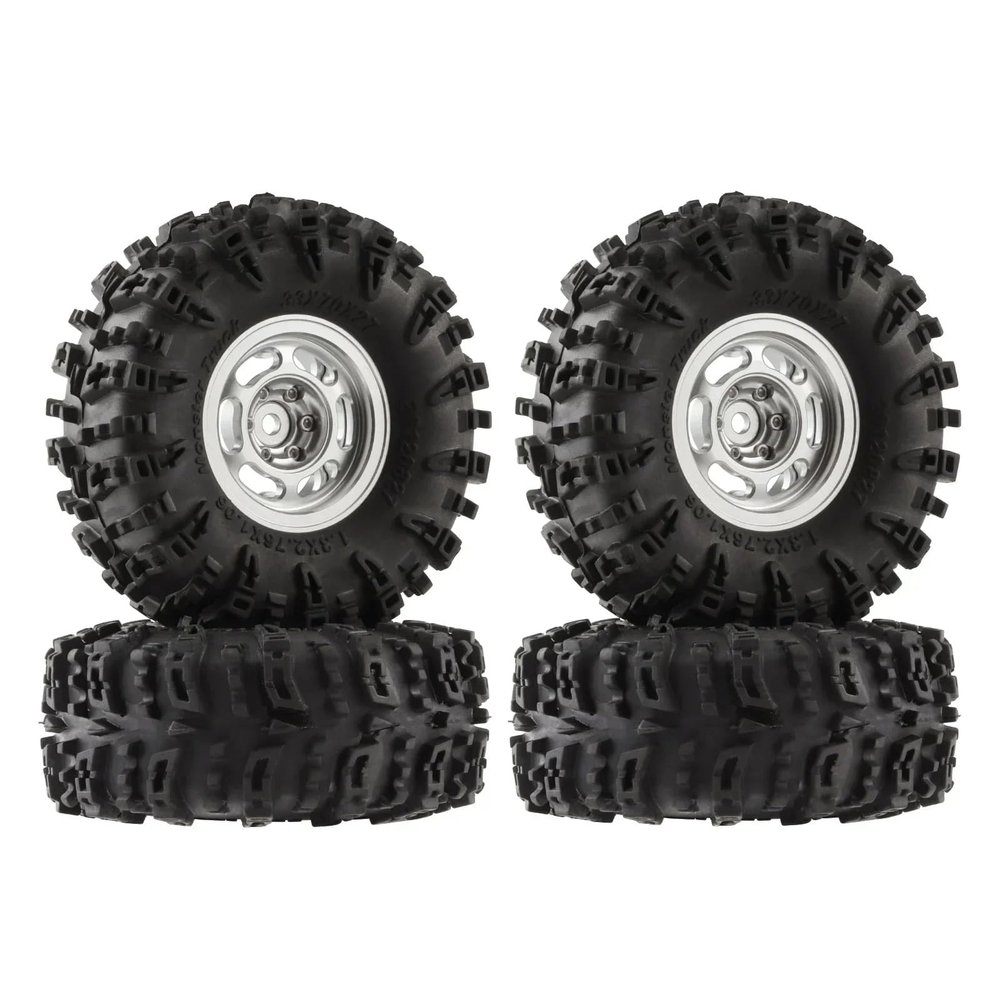 Rc Upgrades Spare For TRX4M For SCX24 1/18 1/24 70 * 27mm Mud For Terrain Rubber Tyres 1.3" Beadlock Wheel Rims Tires Set RC Crawler Car Parts(A-Silver)