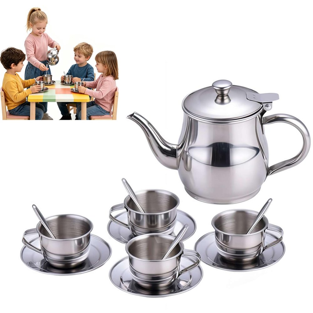 Kids Tea Set,Stainless Steel Teapot, Children TeaSet with Teapot,Teacups,Saucers,Spoons,Metal Tea Sets for Kids Camping Home Gifts