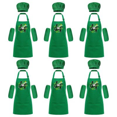 Bensbl 6 Pack Chef Hat and Apron Set with Arm Sleeves, Green Soccer Theme Childrens Aprons with 2 Pockets and Adjustable Strap for Cooking Baking Painting Art Activities