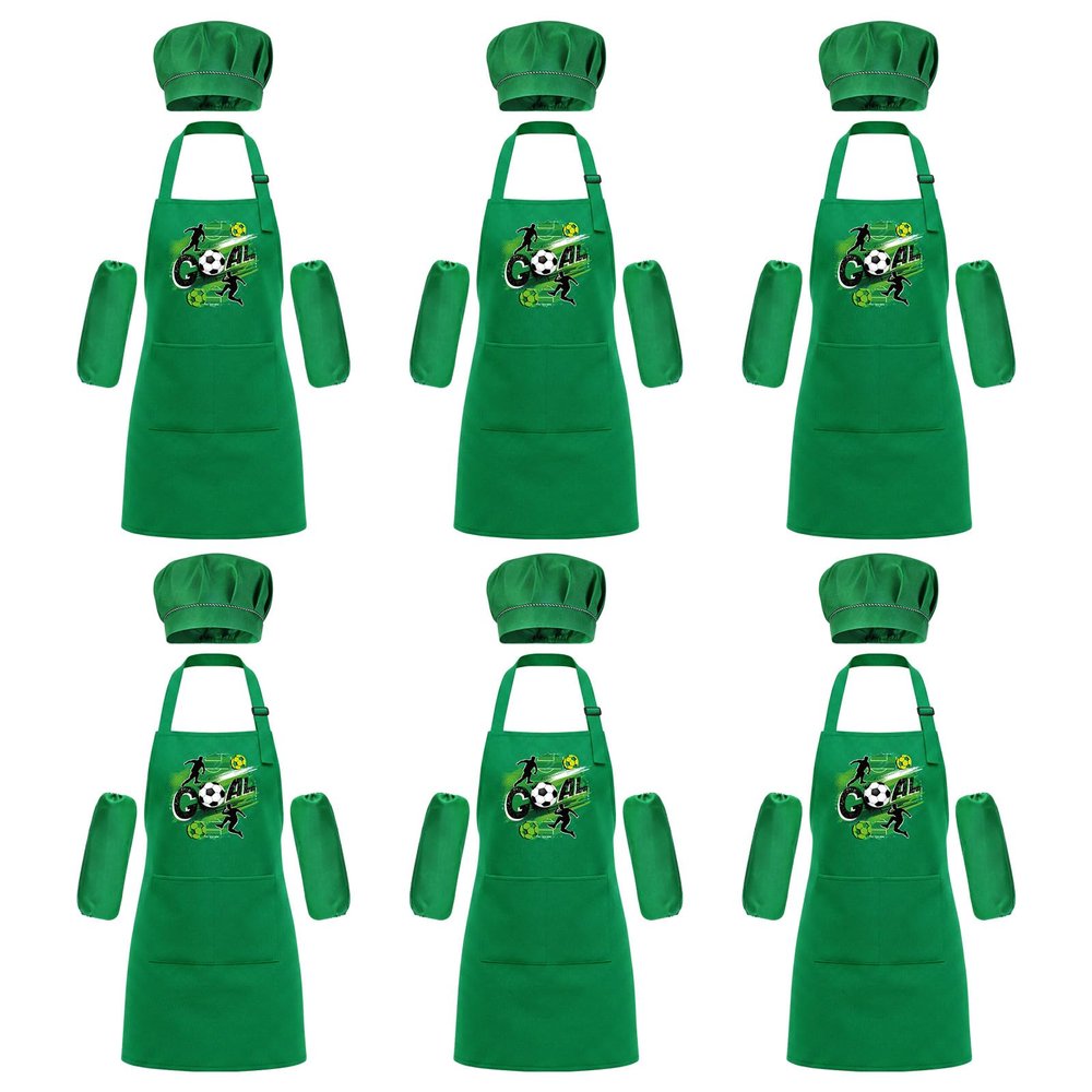 Bensbl 6 Pack Chef Hat and Apron Set with Arm Sleeves, Green Soccer Theme Childrens Aprons with 2 Pockets and Adjustable Strap for Cooking Baking Painting Art Activities