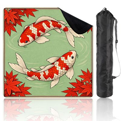 31.5" x 31.5" Mahjong Mat for Table with Carrying Bag Red White Fish Autumn Maple Leaves Soft Green Non-Slip Noise-Reducing Game Mat Mahjong Accessories for Poker Dominoes Board Games