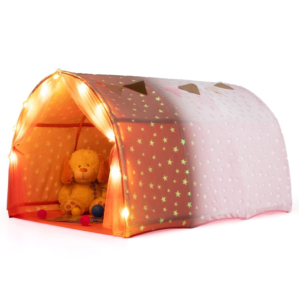 Costzon Kids Play Tent, Cozy Indoor Toddler Playhouse w/String Lights, Flags, Net Curtains, Glow in The Dark, Large Foldable Twin Bed Tent for Boys Girls Aged 3+, Reading Canopy for Kids Room (Pink)