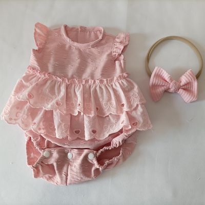 EKOKIZ Realistic Baby Doll Clothes, Pink 2-Piece Set, Lace Hollow Out Romper with Double Layer Ruffled Skirt, Bow Headband for 17-20 Inch Newborn Girl Reborn Baby Dolls