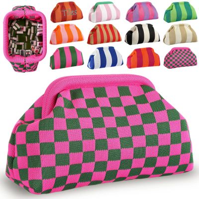 Sunnymove Mahjong Tile Bag Woven Clutch Purses for Women Woven Striped Dumpling Bag Summer Beach Evening Handbag for Mahjong Tile Vacation Supplies (Pink Green,Plaid)