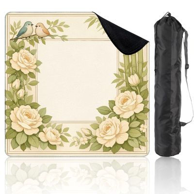 31.5" x 31.5" Mahjong Mat for Table with Carrying Bag Vintage Floral Frame Cream Roses Bamboo Leaves Two Birds Non-Slip Noise-Reducing Game Mat Mahjong Accessories for Poker Dominoes Board Games