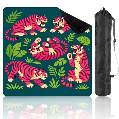 31.5" x 31.5" Mahjong Mat for Table with Carrying Bag Vibrant Tropical Tiger Bold Pink Stripes Green Leaves Non-Slip Noise-Reducing Game Mat Mahjong Accessories for Poker Dominoes Board Games