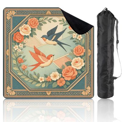 31.5" x 31.5" Mahjong Mat for Table with Carrying Bag Decorative Swallow Birds Peach Cream Roses Vintage Geometric Non-Slip Noise-Reducing Game Mat Mahjong Accessories for Poker Dominoes Board Games
