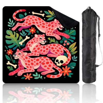 31.5" x 31.5" Mahjong Mat for Table with Carrying Bag Pink Spotted Leopards Tropical Leaves Flowers Non-Slip Noise-Reducing Game Mat Mahjong Accessories for Poker Dominoes Board Games