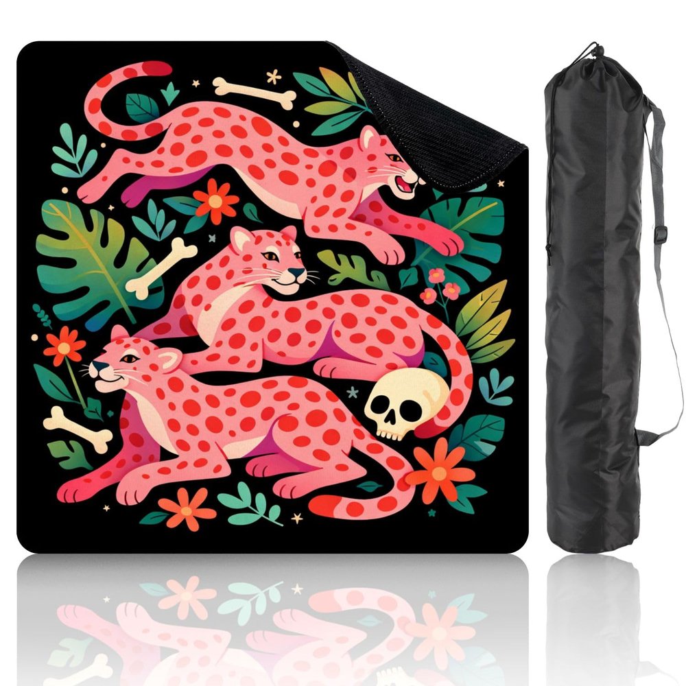 31.5" x 31.5" Mahjong Mat for Table with Carrying Bag Pink Spotted Leopards Tropical Leaves Flowers Non-Slip Noise-Reducing Game Mat Mahjong Accessories for Poker Dominoes Board Games